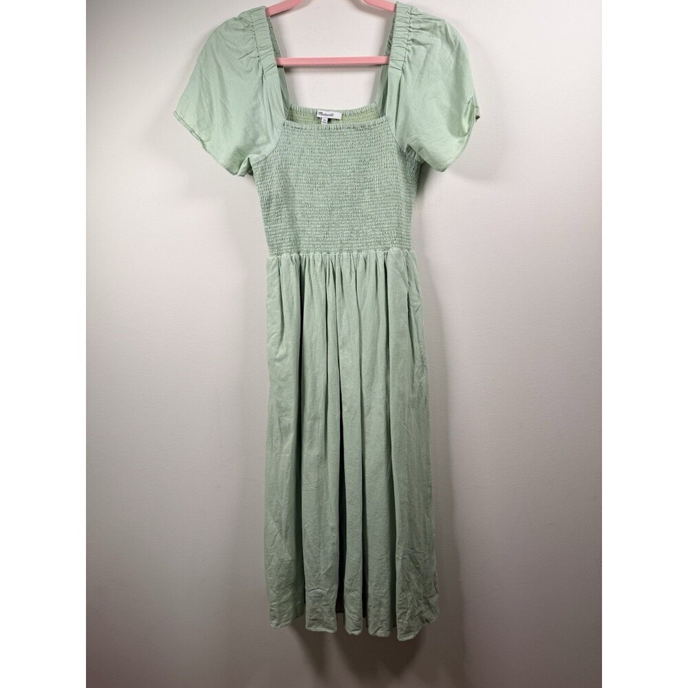 Madewell Green Square Neck Smocked Puff Sleeve Midi Dress with Pockets XS